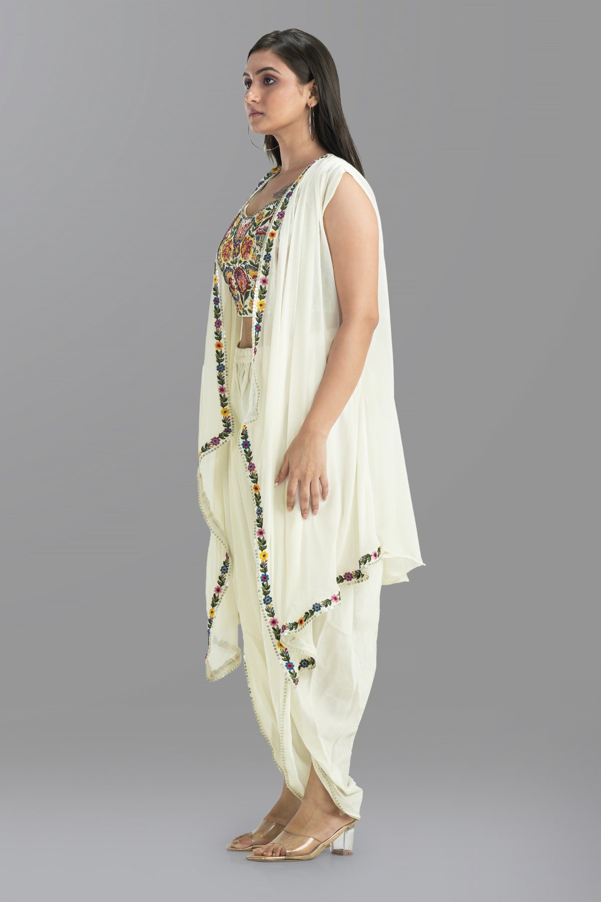 Embroidered Crop Top, Dhoti & Jacket Set