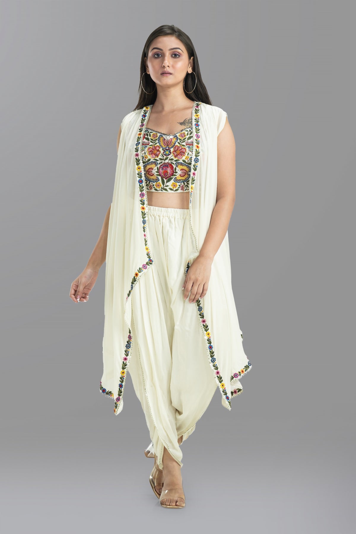 Embroidered Crop Top, Dhoti & Jacket Set